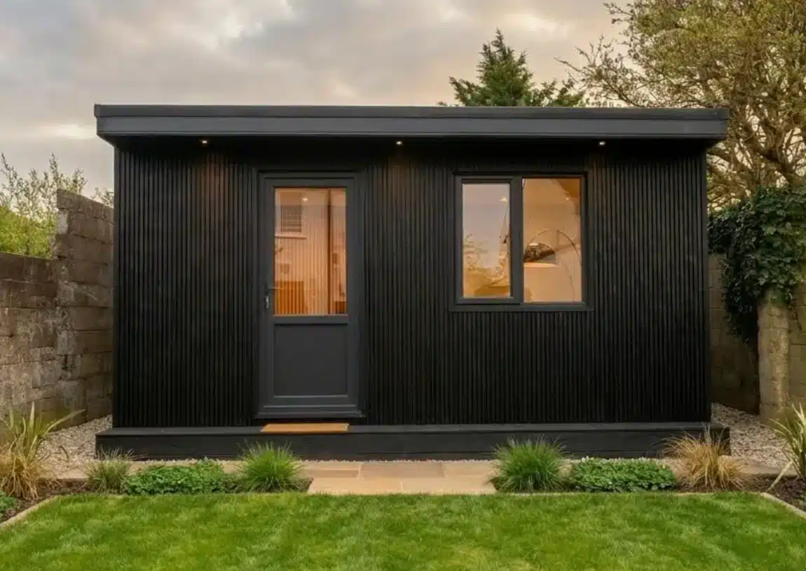 Contemporary insulated garden room in a residential garden, featuring premium composite cladding and exterior lighting